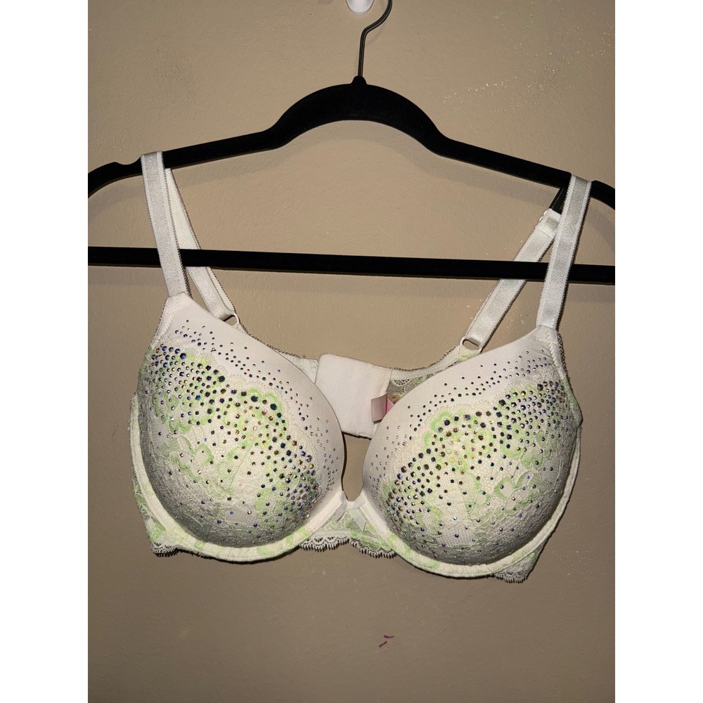 Victoria's Secret NWT Dream Angels Push Up Bra 38D White Green Lace Rhinestone